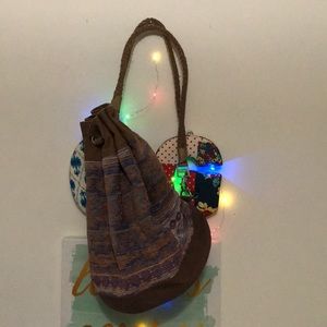 Boho Drawstring Bucket Bag in Brown and Purple